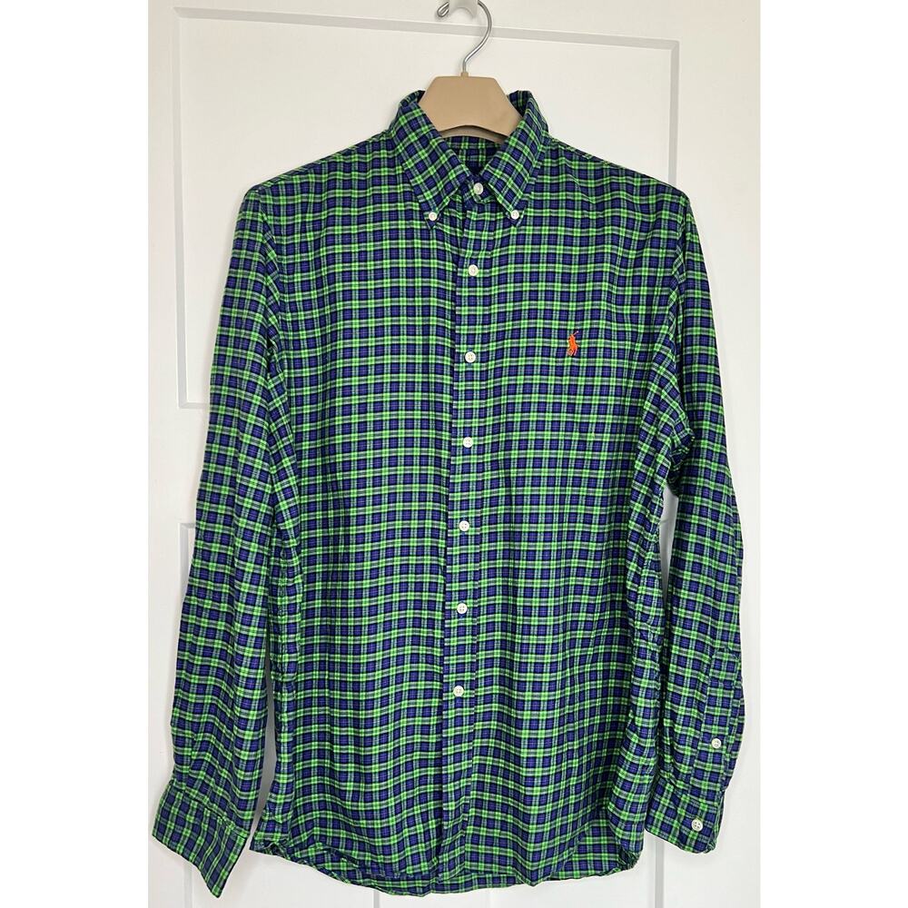 Ralph Lauren Button Down Blue Green Plaid Shirt Mens LARGE